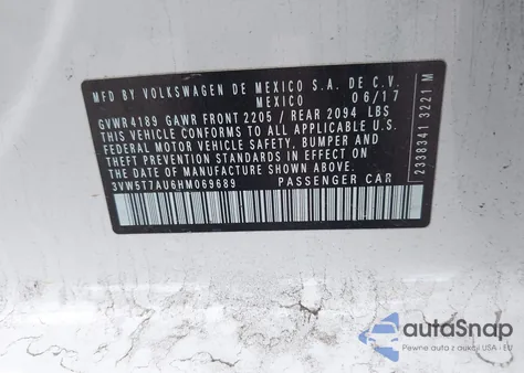 2017 Volkswagen Golf Gti Autobahn 4-Door/S 4-Door/Se 4-Door/Sport 4-Door z USA, uszkodzony, nr VIN 3VW5T7AU6HM069689